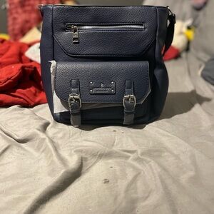 London Fog Navy Blue Leather Backpack